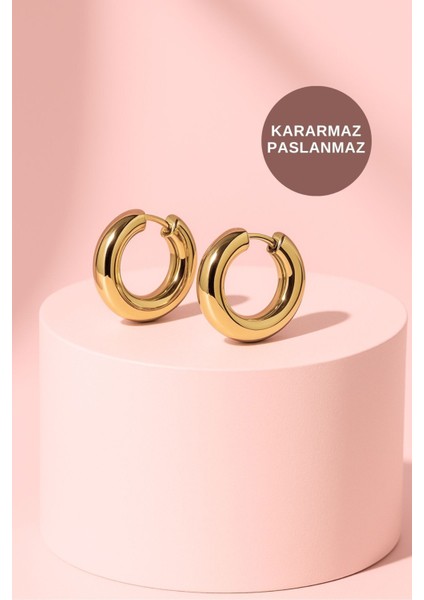 Kadın Antialerjik Suya ve Tere Dayanıklı Kararmaz Günlük Gece Düğün Için Altın Gold Halka Çelik Küpe