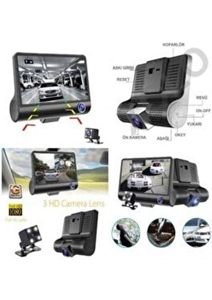 3 Kameralı Araç İçi Kamera Full HD 1920x1080P 170 Derece Geniş Açı ile Güvenli Seyahat