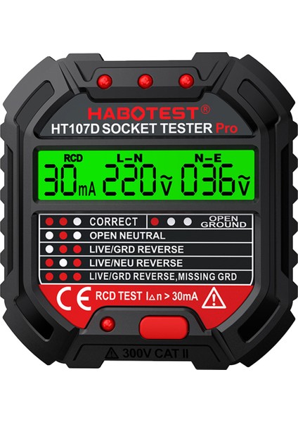 Habotest HT107 Pro Soket Test Cihazı Voltaj Testi Soket Dedektörü Zemin Sıfır Çizgi Fiş Polarite Fazını Kontrol Eu Fişi (Yurt Dışından)