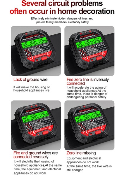 Habotest HT107 Pro Soket Test Cihazı Voltaj Testi Soket Dedektörü Zemin Sıfır Çizgi Fiş Polarite Fazını Kontrol Eu Fişi (Yurt Dışından) modelleri