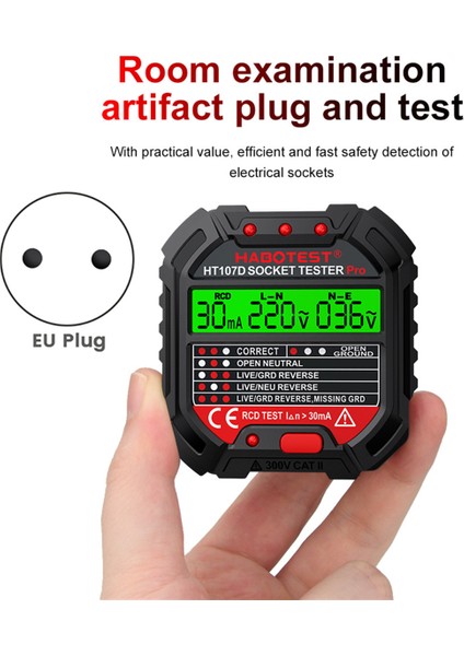 Habotest HT107 Pro Soket Test Cihazı Voltaj Testi Soket Dedektörü Zemin Sıfır Çizgi Fiş Polarite Fazını Kontrol Eu Fişi (Yurt Dışından) indirimleri