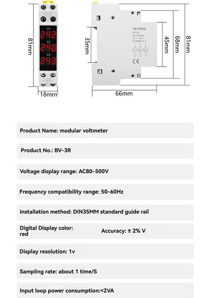 Bv-3r LED Üç Fazlı Voltmetre Mini Dijital Ekran Modüler Voltaj Ölçer 80-500VAC Dın Rada V1 V2 V3 (Yurt Dışından) modelleri