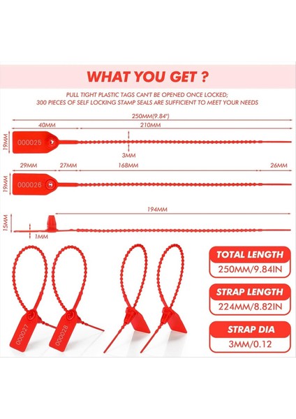 300 Pcs Plastik Kurcalama Contaları, Numaralı Zip Bağları Güvenlik Etiketleri Güvenlik Contaları Tek Kullanımlık Kendi Kilitleme Tabelası 250MM (Yurt Dışından) modelleri