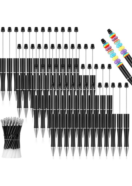 50PCS Plastik Boncuklu Kalem Dökme Boncuk Tükenmez Kalem Şaft Siyah Mürekkep Boncuklu Kalemler Dıy Yapmak Için 50 Dolum ile Hediye Siyahı Siyah (Yurt Dışından)