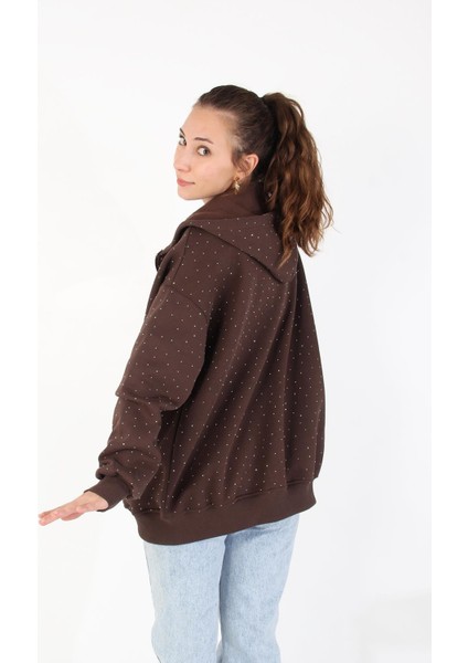 26174 Taşlı Fermuarlı Kapşonlu Kanguru Cep Sweat