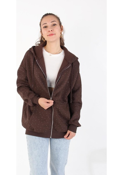 26174 Taşlı Fermuarlı Kapşonlu Kanguru Cep Sweat