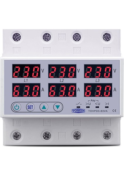 Tomzn Din Rayı 3 Fazlı Voltaj Rölesi 3p+N Voltmetre Ampermetre Üst ve Alt Voltaj Monitör Röleleri Koruyucusu 63A 230V ile (Yurt Dışından)