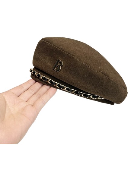 Niş Tasarım Zincir Bere Kadın Sonbahar ve Kış Kore Moda Ressam Şapkası Ingiliz Mizaç Retro Internet Ünlü Şapkası (Yurt Dışından)