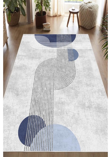 Dijital Baskılı Mavi Modern Desenli Kaymaz Taban Yıkanabilir Halı