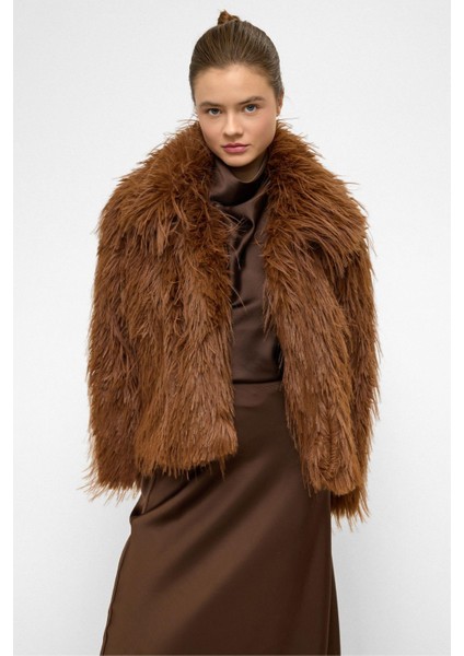 Oversize Uzun Tüylü Suni Kürk Ceket Taba 1011