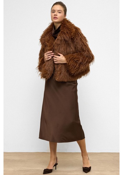 Oversize Uzun Tüylü Suni Kürk Ceket Taba 1011 fırsatları