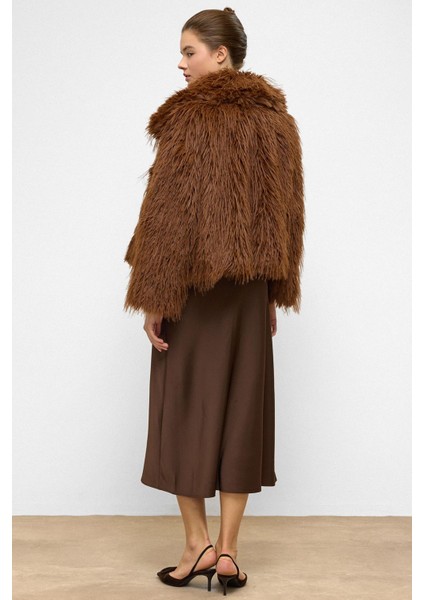 Oversize Uzun Tüylü Suni Kürk Ceket Taba 1011