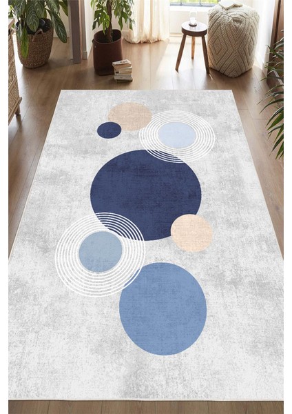 Dijital Baskılı Modern Desenli Mavi Kaymaz Taban Yıkanabilir Halı
