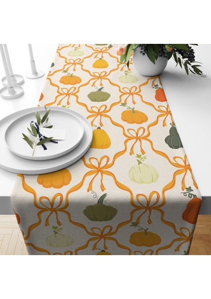 Dijital Baskılı Runner - Yaprak / Sonbahar / Kabak Desenli - 140X40 cm fiyatları