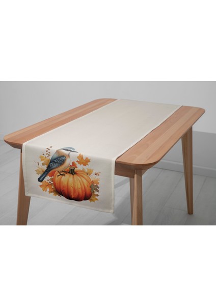 Dijital Baskılı Runner - Yaprak / Sonbahar / Kabak Desenli - 140X40 cm