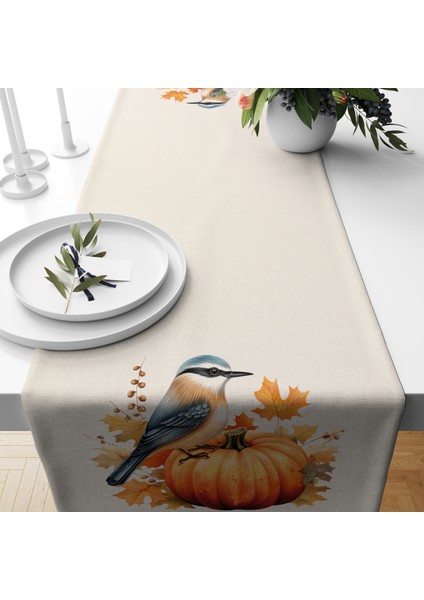 Dijital Baskılı Runner - Yaprak / Sonbahar / Kabak Desenli - 140X40 cm fiyatları