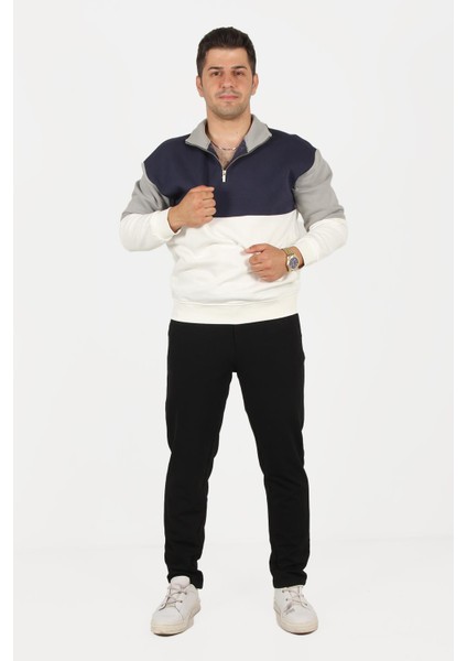 5719 Dik Yaka Yarım Fermuarlı Parçalı Üç Iplik Şardonlu Sweat