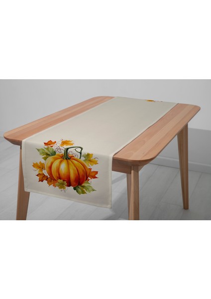Dijital Baskılı Runner - Yaprak / Sonbahar / Kabak Desenli - 140X40 cm