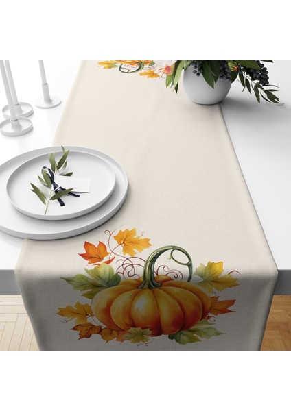 Dijital Baskılı Runner - Yaprak / Sonbahar / Kabak Desenli - 140X40 cm fiyatları