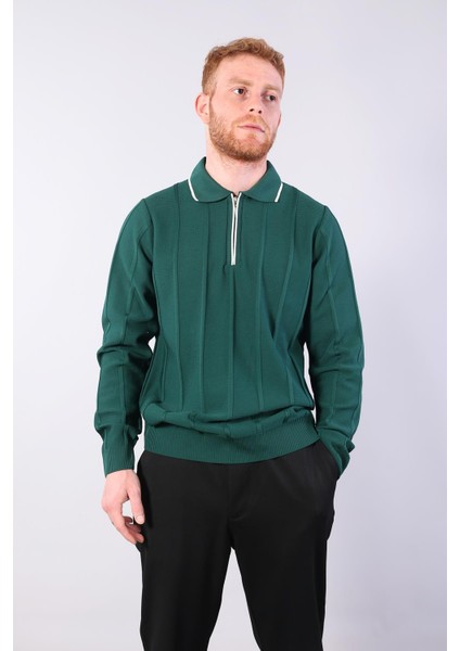 3005 Yaka Fermaurlı Çizgili Gömlek Yaka Kazak