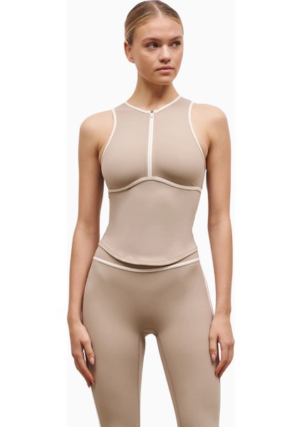Base Contrast Trim Sleeveless Zip Up Şekillendirici Fermuarlı Kadın Üst