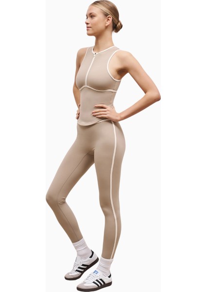 Base Contrast Trim Sleeveless Zip Up Şekillendirici Fermuarlı Kadın Üst fırsatları