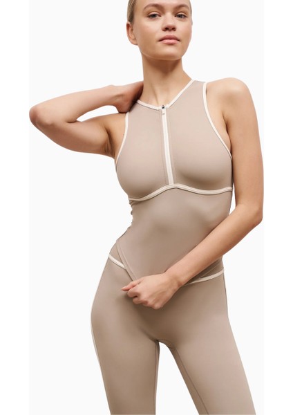 Base Contrast Trim Sleeveless Zip Up Şekillendirici Fermuarlı Kadın Üst indirimleri