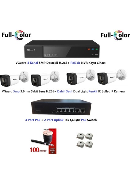 Nif Bilişim 5mp Dahili Sesli ve Gece Renkli 4 Kameralı Tak Çalıştır Hazır Ip Kamera Seti Disk Yoktur