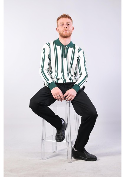 3006 Dik Desen Gömlek Yaka Fermuarlı Kazak