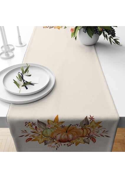 Dijital Baskılı Runner - Yaprak / Sonbahar / Kabak Desenli - 140X40 cm