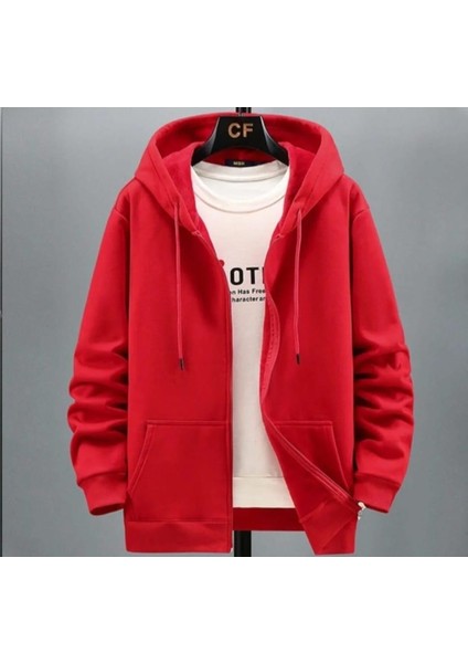 Punıx Büyük Beden Kapüşonlu Tam Fermuarlı Düz Baskısız Kırmızı Renk Erkek Battal Hırka Sweatshırt