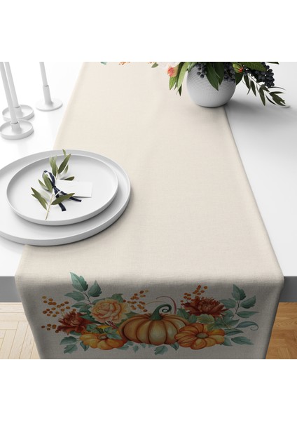 Dijital Baskılı Runner - Yaprak / Sonbahar / Kabak Desenli - 140X40 cm fiyatları