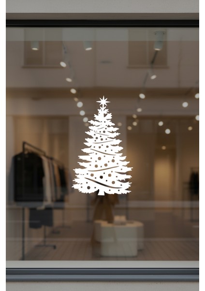 Yılbaşı Süslemeleri Kozalaklı Süslü Ağacı Sticker Çıkartma - Beyaz modelleri