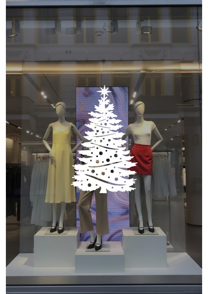 Yılbaşı Süslemeleri Kozalaklı Süslü Ağacı Sticker Çıkartma - Beyaz