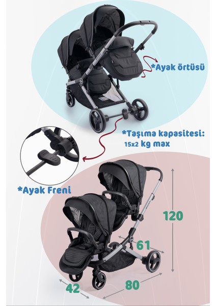 İbiza Pro Travel Sistem İkiz Bebek Arabası Full Set