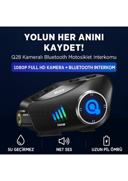 Q28 Kask Kameralı Bluetooth Kulaklık Intercom 1080P Hd Video + Müzik + Çağrı Interkom