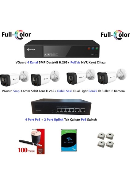 Nif Bilişim 5mp Dahili Sesli ve Gece Renkli 4 Kameralı Tak Çalıştır Hazır Ip Kamera Seti 1tb Disk
