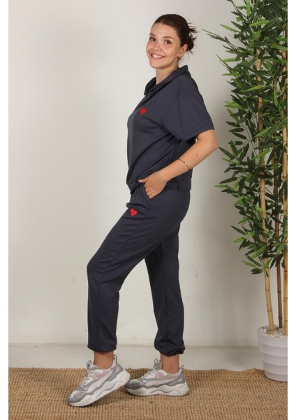 25691 Kalp Nakışlı Kısa Kol Kapşonlu Üst Paçası Lastikli Alt Takım fırsatları