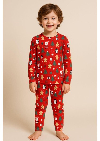 Çocuk Yılbaşı Temalı Pijama Takımı Kırmızı