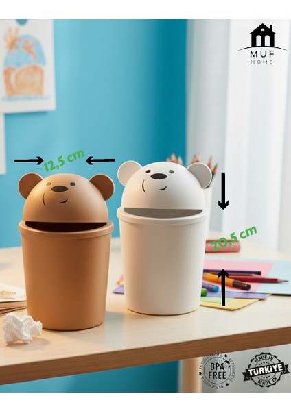 Minik Ayıcık Görünümlü Masaüstü Çöp Kovası - Çöp Kutusu Kahverengi ve Beyaz - 2500 ml