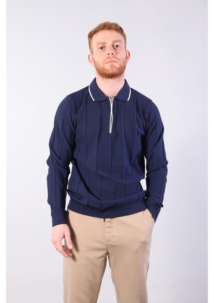 3005 Yaka Fermaurlı Çizgili Gömlek Yaka Kazak