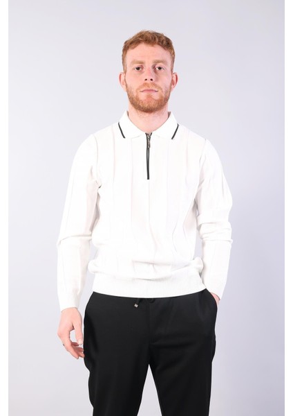 3005 Yaka Fermaurlı Çizgili Gömlek Yaka Kazak