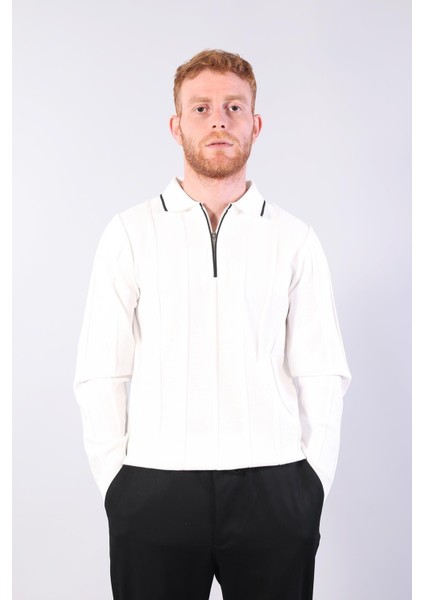 3005 Yaka Fermaurlı Çizgili Gömlek Yaka Kazak