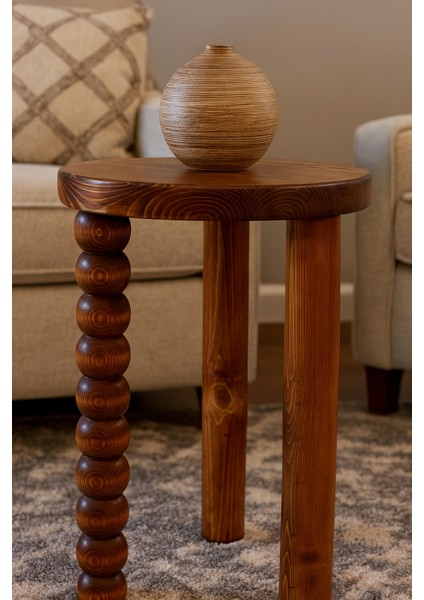 Masif Ahşap Fındık Tonlarında Tekli Yan Sehpa – El Işçiliği Mantar Sehpa