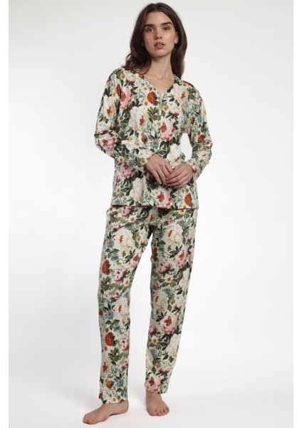 63598 Yeşil Çiçek Desenli Pijama Takımı