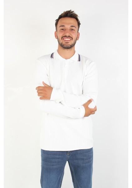 3001 Ince Çizgili Yakası Çizgili Kazak