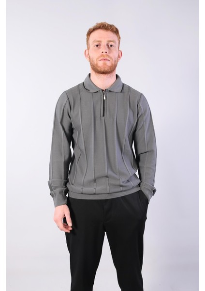 3005 Yaka Fermaurlı Çizgili Gömlek Yaka Kazak