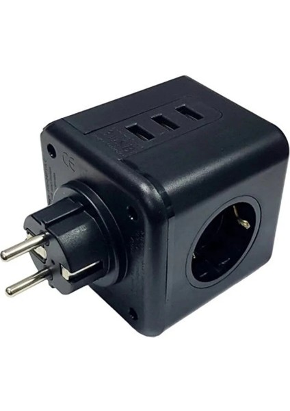 Akım Korumalı Siyah Priz 3 Soketli / 3xusb Girişli 10A 2500W
