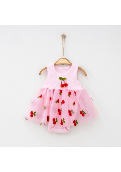 Kiraz Nakışlı Kız Bebek Tütülü Zıbın Elbise