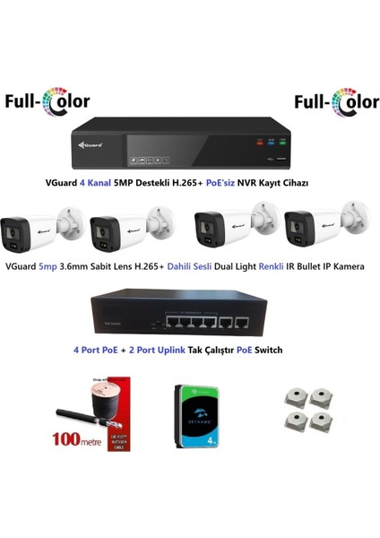Nif Bilişim 5mp Dahili Sesli ve Gece Renkli 4 Kameralı Tak Çalıştır Hazır Ip Kamera Seti 4tb Disk